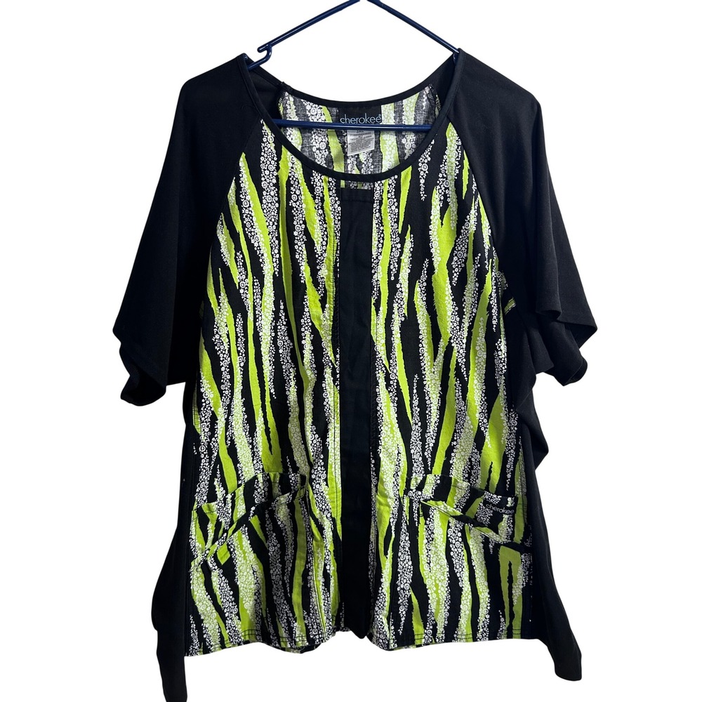Cherokee Scrub Top 3XL Green Black Abstract Floral Print Pockets Womens